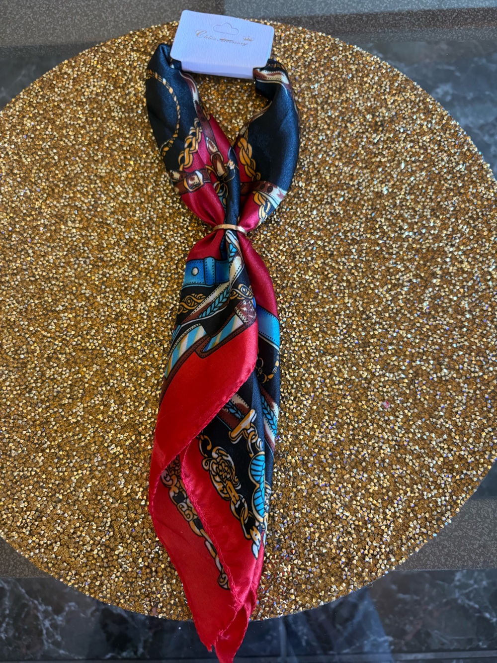 Chic NWT Red, Black & Blue Equestrian Print Twilly Scarf by Chloe Accessory